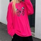 Butterfly-print Long-sleeve Round Neck T-shirt Rose Pink - One Size