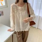 Puff-sleeve Pointelle Tunic Almond - One Size