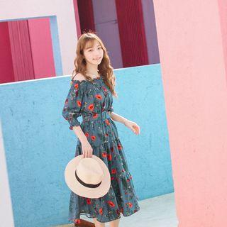 Floral Print Off-shoulder Long-sleeve Chiffon Dress