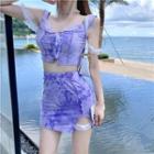 Set: Lace Trim Tie Dye Crop Tank Top + Mini Skirt