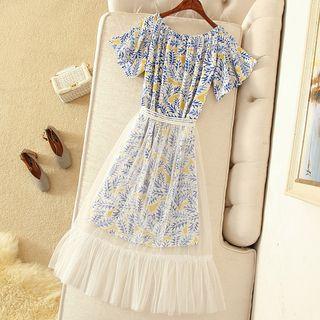 Set: Printed Short-sleeve A-line Dress + Mesh A-line Skirt