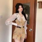 V-neck Plain Pleated Blouse / Floral Tank Top / High-waist Floral Bow Shorts