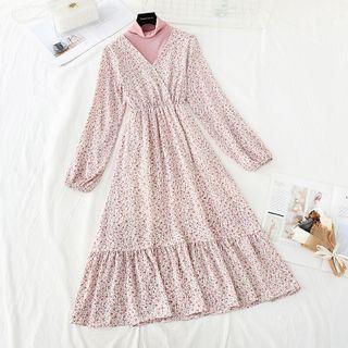 Set: Mock-turtleneck Knit Top + Long-sleeve Floral Print A-line Dress