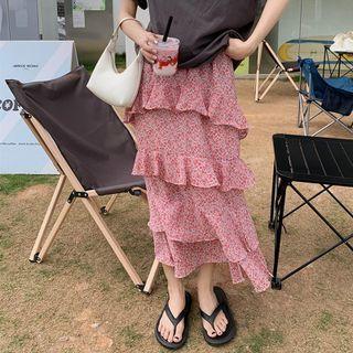 Short-sleeve Plain T-shirt / Floral Midi Tiered Skirt