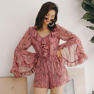 Slit Long-sleeve Ruffle-trim Floral Print Playsuit