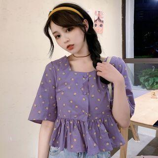 Short-sleeve Square-neck Floral Print Crop Top