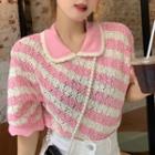 Short-sleeve Striped Knit Top / Denim Skort