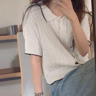 Short-sleeve Collar Cardigan White - One Size