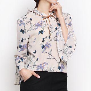 Long-sleeve Ruffle-cuff Tie-neck Pattern Top