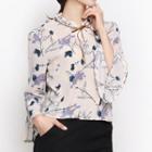 Long-sleeve Ruffle-cuff Tie-neck Pattern Top