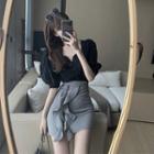 Short-sleeve Blouse / Plaid Mini Fitted Skirt
