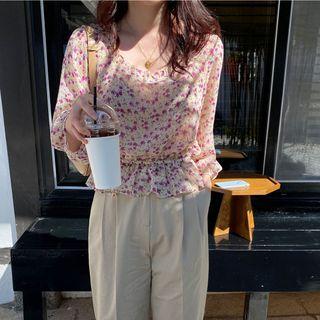 Floral Ruffle Trim Elbow-sleeve Blouse