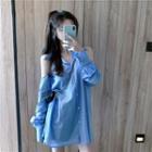 Pinstriped Cold-shoulder Shirt Stripe - Blue - One Size