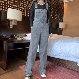 Cold-shoulder Long-sleeve Ribbed T-shirt / Washed Wide Leg Denim Dungaree