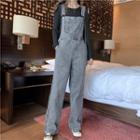 Cold-shoulder Long-sleeve Ribbed T-shirt / Washed Wide Leg Denim Dungaree