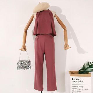 Set: Plain Halter Top + Cropped Straight-cut Dress Pants