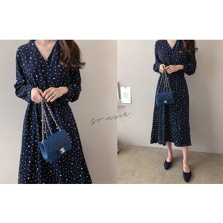 Wrap-front Dotted Midi Dress With Sash