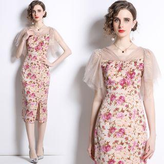 Short-sleeve Floral Mesh Panel Midi Sheath Dress