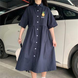 Elbow-sleeve Embroidered Midi A-line Shirtdress