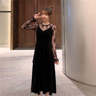 Set: Spaghetti Strap Midi A-line Velvet Dress + Long-sleeve Lace Top