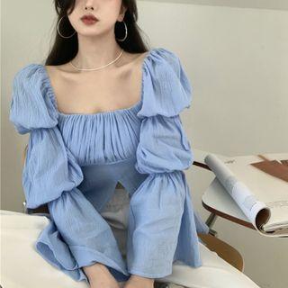 Details Square-neck Ruched Light Blouse Blue - One Size