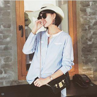 Contrast Trim Collarless Long Sleeve Shirt