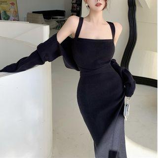Spaghetti Strap Midi Sheath Dress / Cropped Shrug