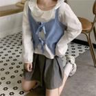 Plain Ruffle Trim Blouse / Tie-front Knit Tank Top