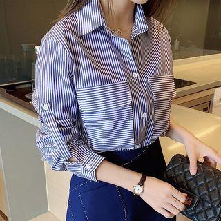 Long-sleeve Striped Pocket Blouse