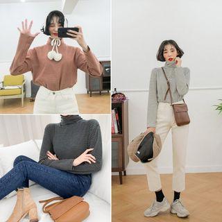 Turtle-neck Stripe Textured T-shirt