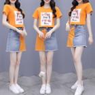 Set: Short-sleeve Lettering T-shirt + Color Block Denim A-line Mini Skirt