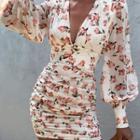Long-sleeve Deep V-neck Floral Pattern Ruched Sheath Mini Dress