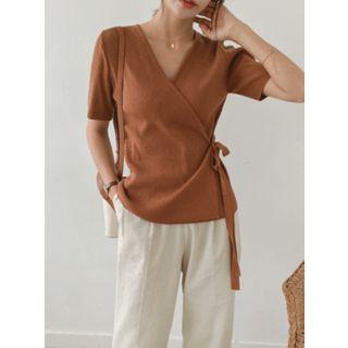 Short-sleeve Surplice-wrap Cardigan
