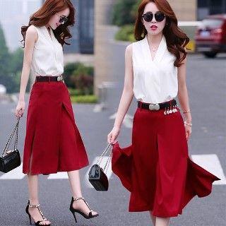 Set: Sleeveless Chiffon Top + Long Skort