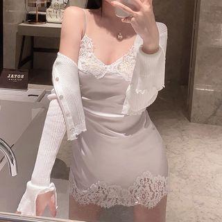 Lace Trim Spaghetti-strap Mini Sheath Dress / Cardigan