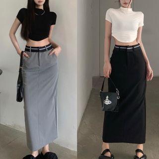 Short-sleeve High-neck Crop T-shirt / Midi Pencil Skirt