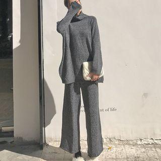 Melange Mock Neck Sweater / Wide-leg Knit Pants