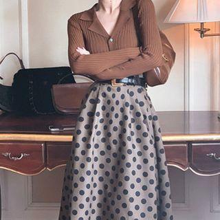 Long-sleeve Button-up Knit Top / Dotted A-line Skirt / Set