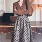 Long-sleeve Button-up Knit Top / Dotted A-line Skirt / Set