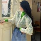Long Sleeve High Neck Plain Top / V-neck Lace Cardigan