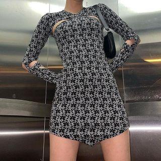 Long-sleeve Flower Print Cut-out Mini Sheath Dress