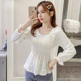 Long-sleeve Crinkled Chiffon Peplum Top