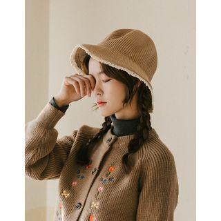 Lace-trim Knit Hat Beige - One Size