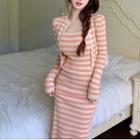Striped Cardigan / Spaghetti Strap Striped Midi Knit Dress