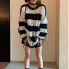 Long-sleeve Distressed Striped Knit Top Stripes - Black & White - One Size