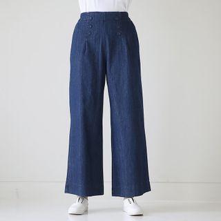 Band-waist Button-detail Wide-leg Jeans Blue - One Size