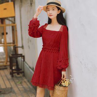 Balloon-sleeve A-line Corduroy Dress