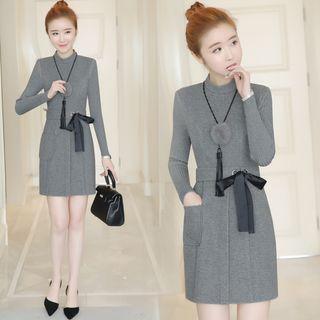 Mock Neck Tie-waist Shift Dress