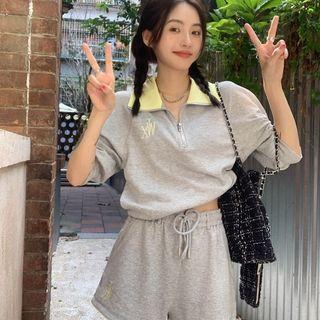 Polo-neck Two-tone Zipped Top + Drawstring Shorts