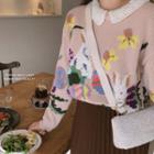 Contrast-collar Patterned Rib-knit Top Pink - One Size